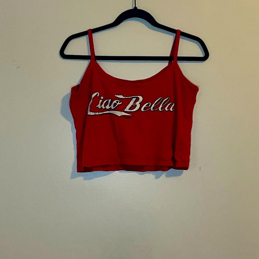 red crop top, “ciao Bella” in “Coca-Cola” styling across the top, made in Italy